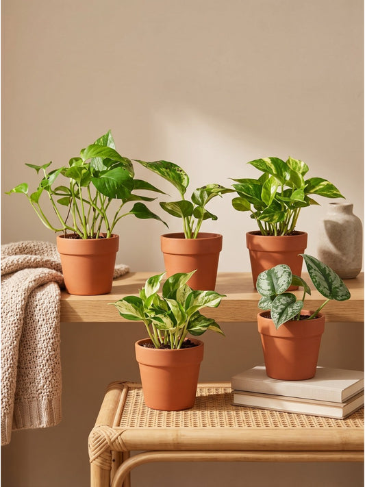 Pothos( Money Plant ) Super Combo 555- Manjula + Marble Queen+ Golden+ Green Money Plant+ Silver Satin (In Net Pot)