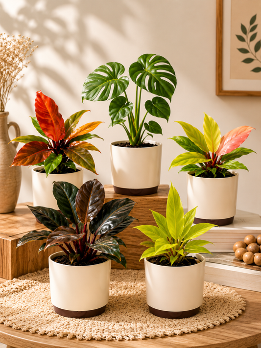 Indoor Plants Super Combo 799- Monstera Deliciosa, Sunred, Orange Splendor, Black Cardinal Rush ,Imperial Red (In Jiffy Bags)