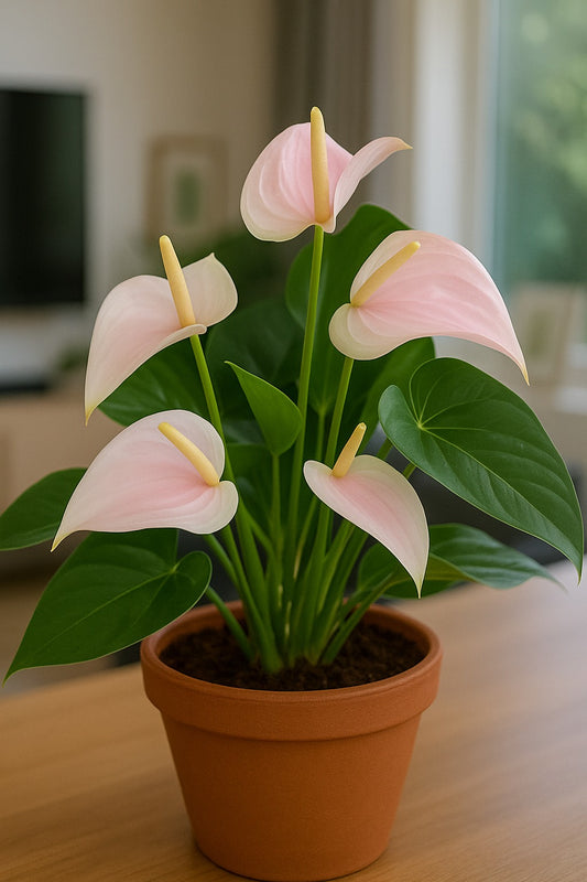 Light Pink Miniature Anthurium Multi Shooted Plant With Flower In Pot